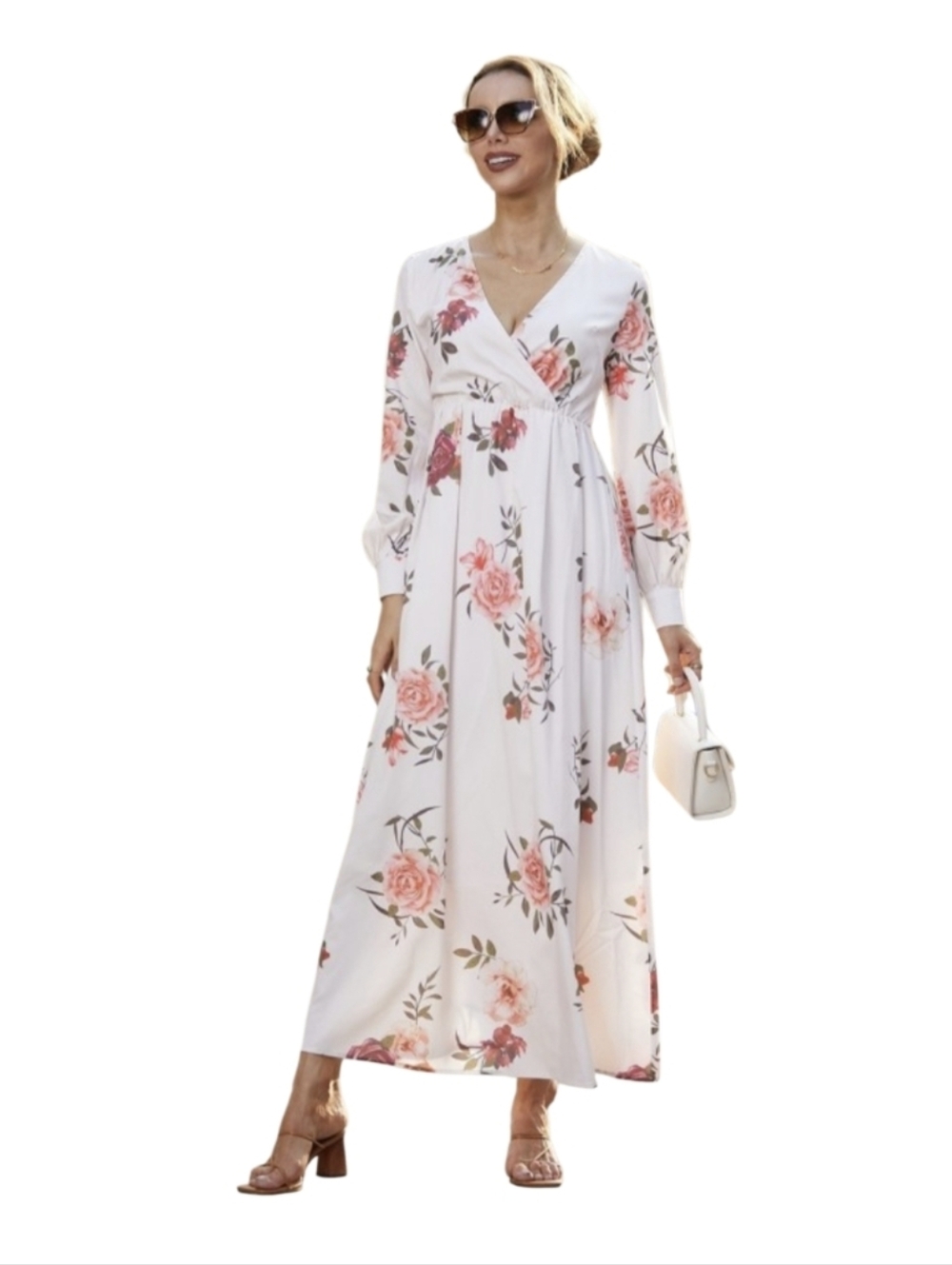 #6063  THJS Floral Wrap Maxi Dress - White with Pink Rose Print